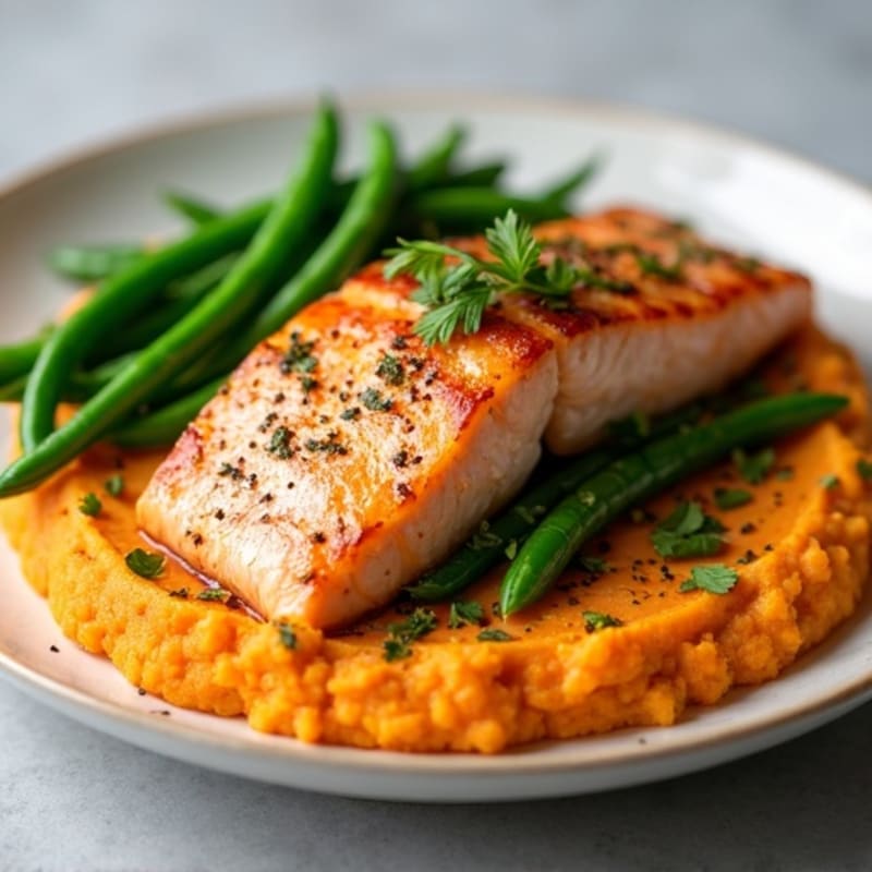 Seared Salmon Fillet with Garlic Green Beans and Sweet Potato Mash