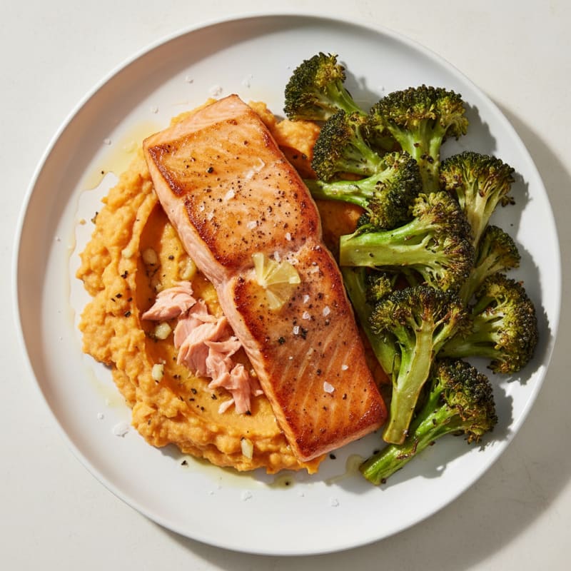 Seared Salmon Fillet with Roasted Broccoli and Garlic Sweet Potato Mash