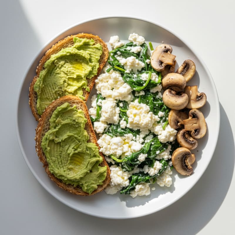 Egg White Spinach Scramble with Cottage Cheese and Sautéed Mushrooms