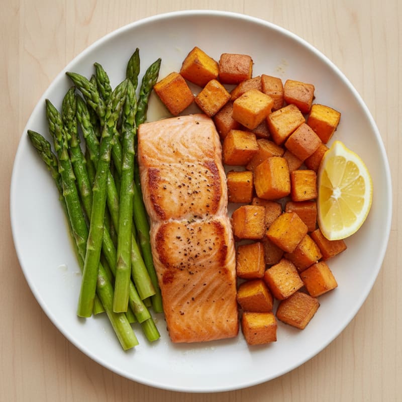 Seared Salmon with Roasted Sweet Potato and Asparagus