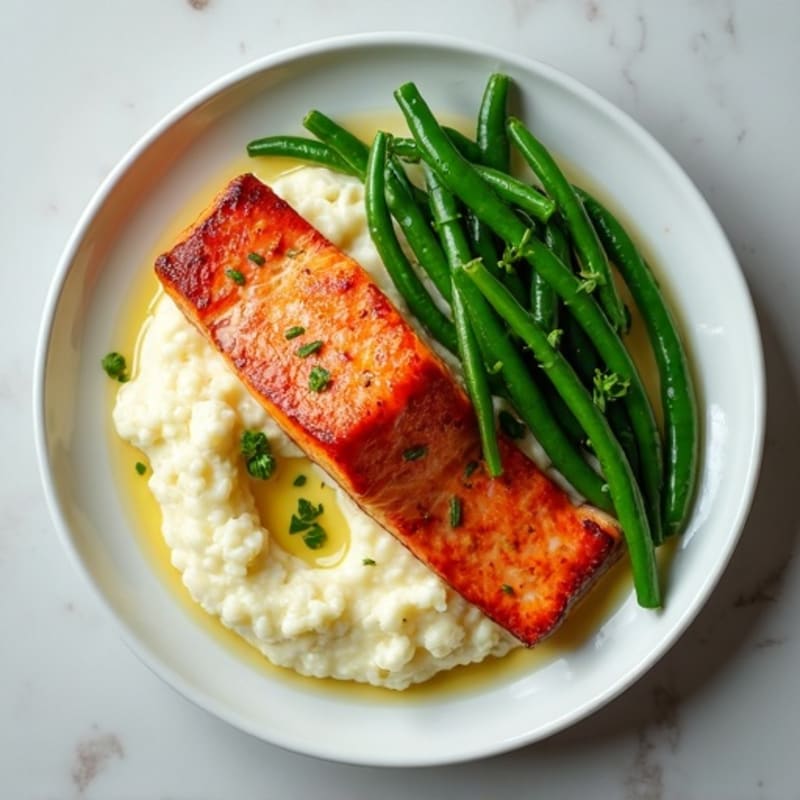 Seared Salmon with Garlic Green Beans and Cauliflower Mash
