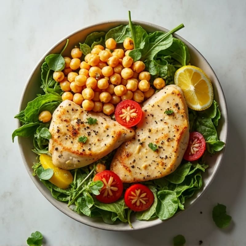 Lemon Herb Chicken and Crispy Chickpea Fresh Salad Bowl