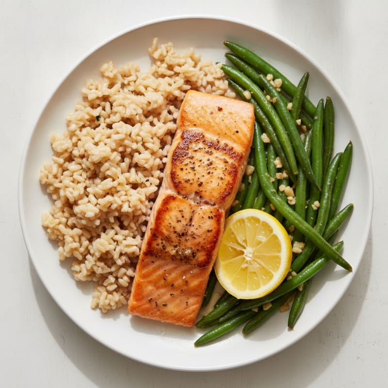 Seared Salmon with Garlic Green Beans and Brown Rice