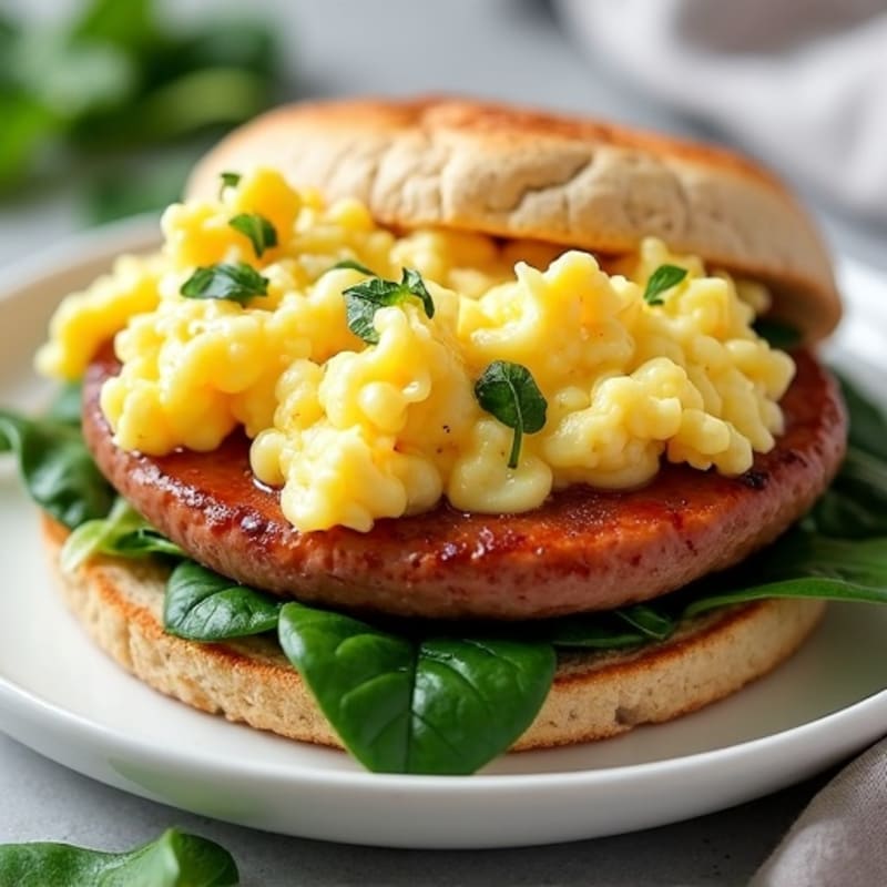 Egg White Scramble with Turkey Sausage and Sautéed Spinach on a Whole-Grain English Muffin