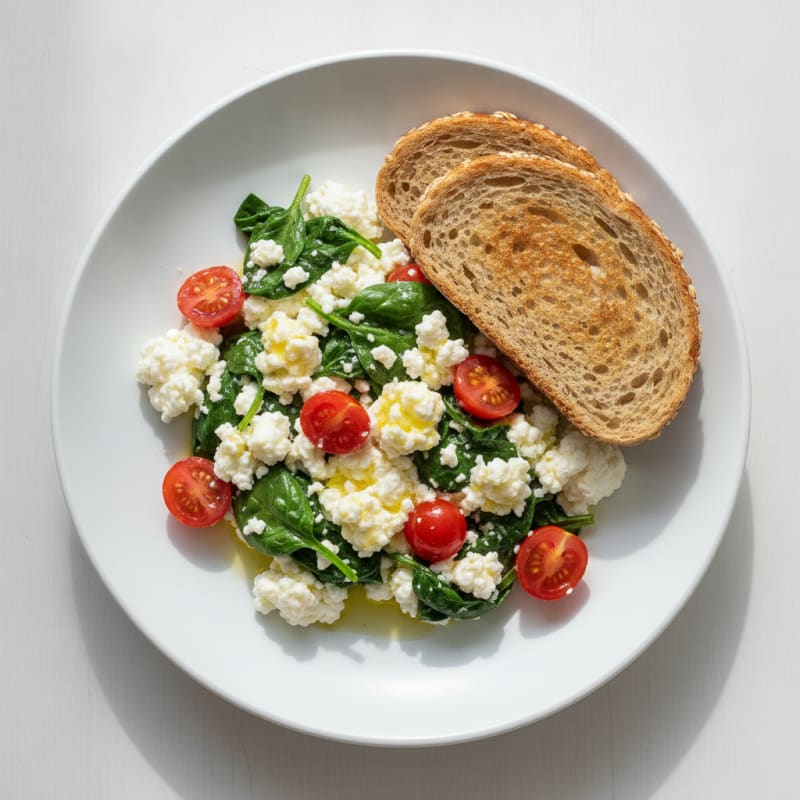 Cottage Cheese Egg White Scramble with Spinach and Cherry Tomatoes
