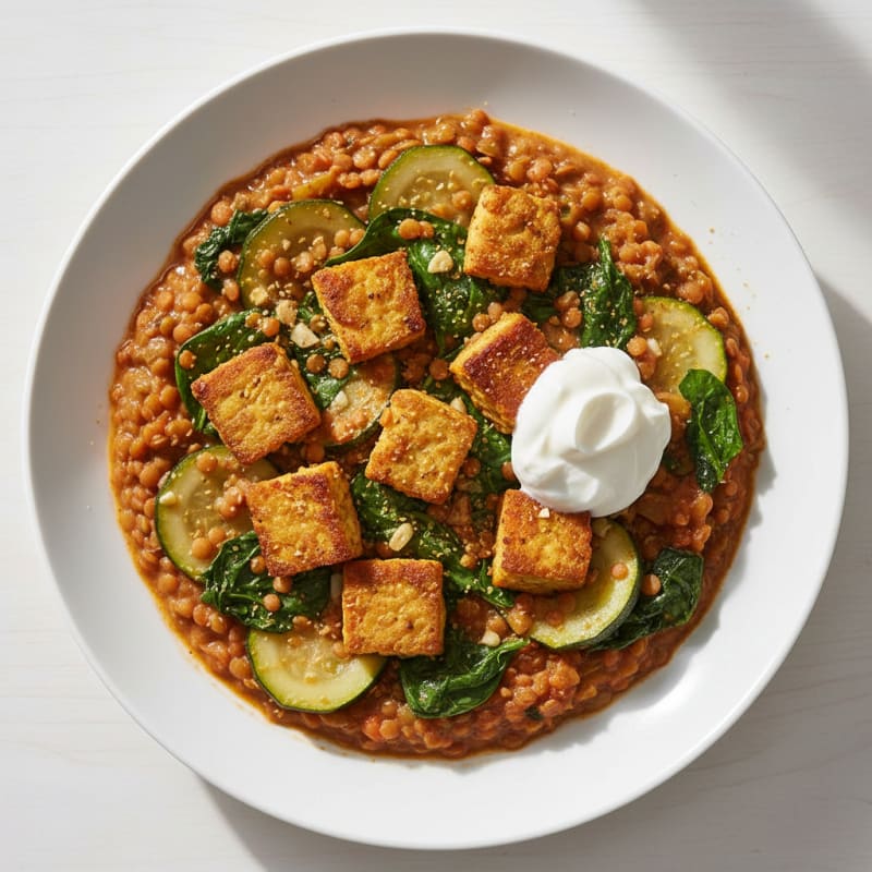 Creamy Lentil and Vegetable Skillet with Seared Tempeh