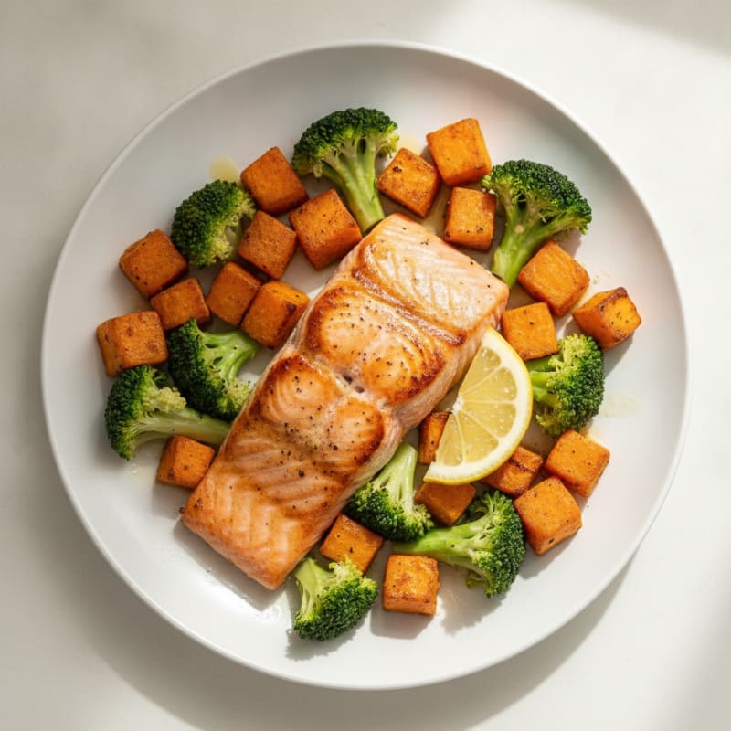 Seared Salmon Fillet with Roasted Sweet Potato and Steamed Broccoli
