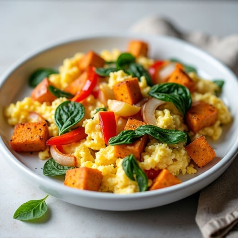 Egg and Veggie Scramble with Crispy Sweet Potato Hash