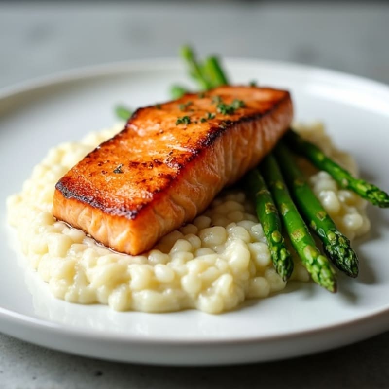 Seared Salmon with Steamed Asparagus and Cauliflower Mash