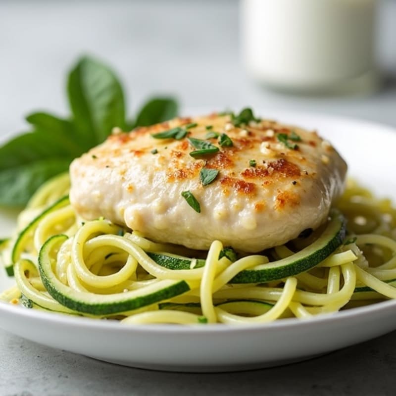 Creamy Cauliflower Alfredo Chicken with Zucchini Noodles