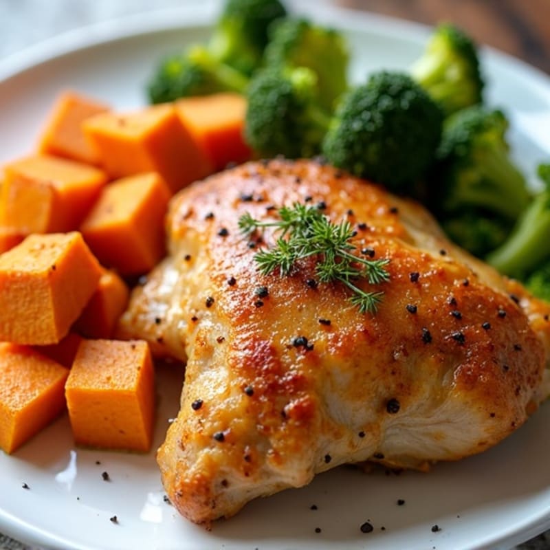 Crispy Lemon Garlic Chicken Thighs with Roasted Sweet Potatoes and Broccoli