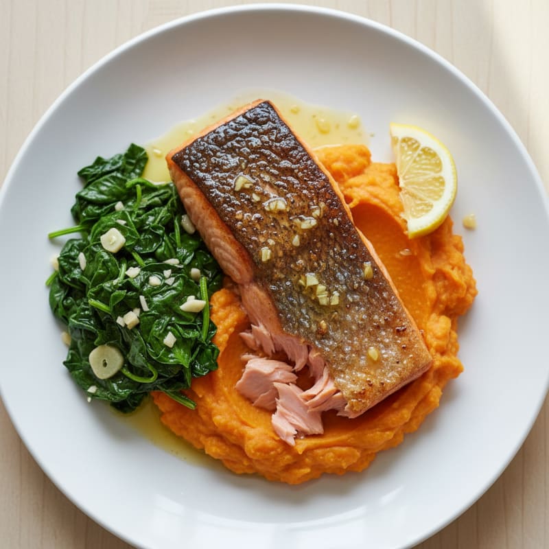 Seared Salmon with Garlic Spinach and Sweet Potato Mash