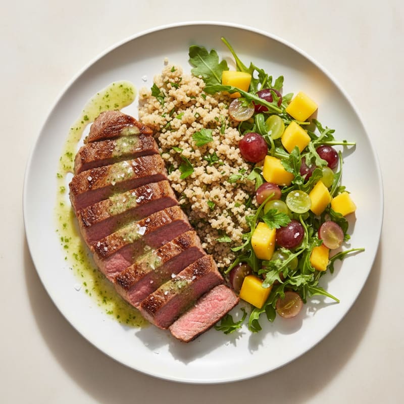 Seared Steak with Herb Quinoa and Mango Grape Salad