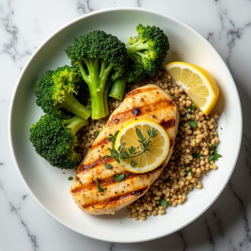 Grilled Lemon Herb Chicken Breast with Quinoa and Steamed Broccoli