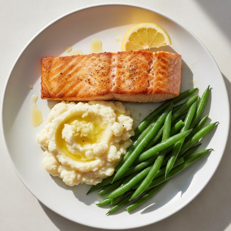 Seared Salmon with Steamed Green Beans and Garlic Mashed Cauliflower