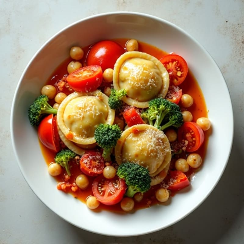 Spinach Ravioli with Fresh Tomato Sauce and Roasted Vegetables