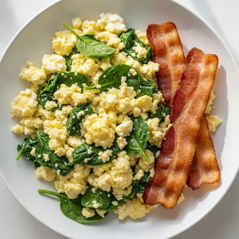Cottage Cheese Egg Scramble with Spinach and Turkey Bacon