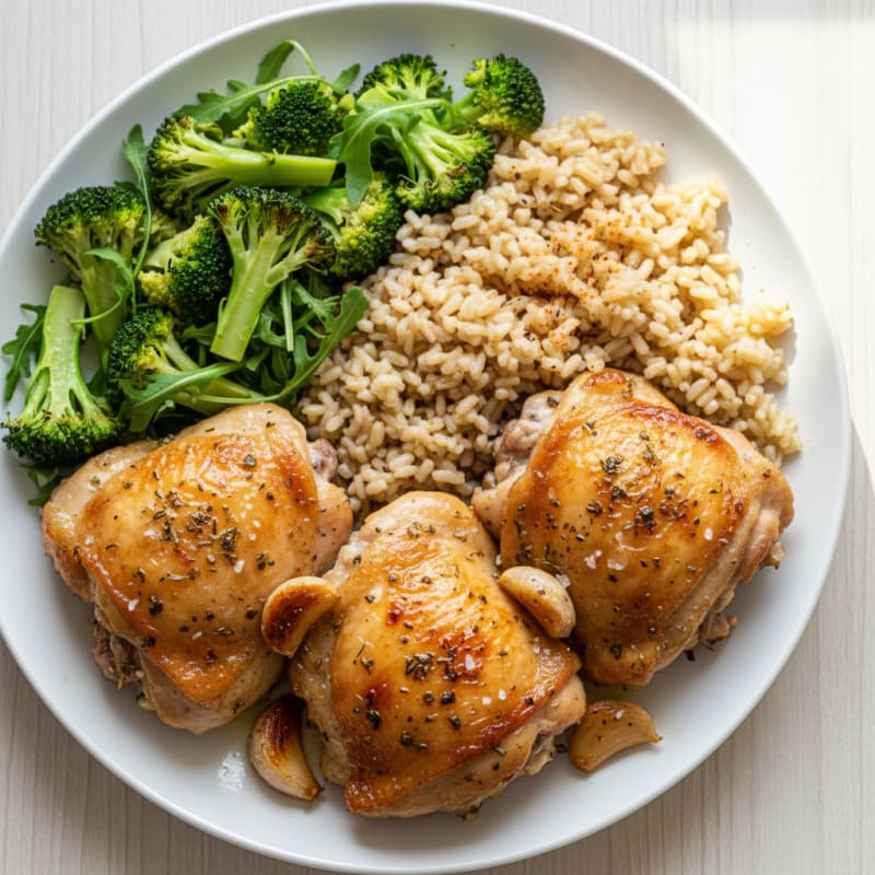 Oven-Baked Chicken Thighs with Steamed Broccoli and Brown Rice