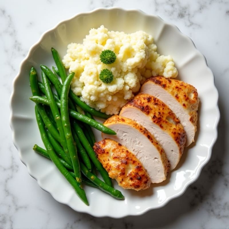 Seared Turkey Breast with Steamed Green Beans and Garlic Mashed Cauliflower