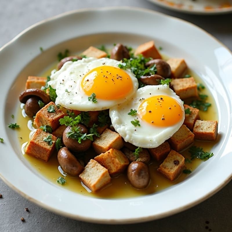 Pan-Seared Oyster Mushrooms with Garlic and Fresh Herbs with Tofu and Poached Eggs