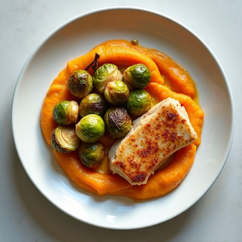 Creamy Chicken with Vanilla-Infused Sweet Potato Puree and Crispy Roasted Brussels Sprouts