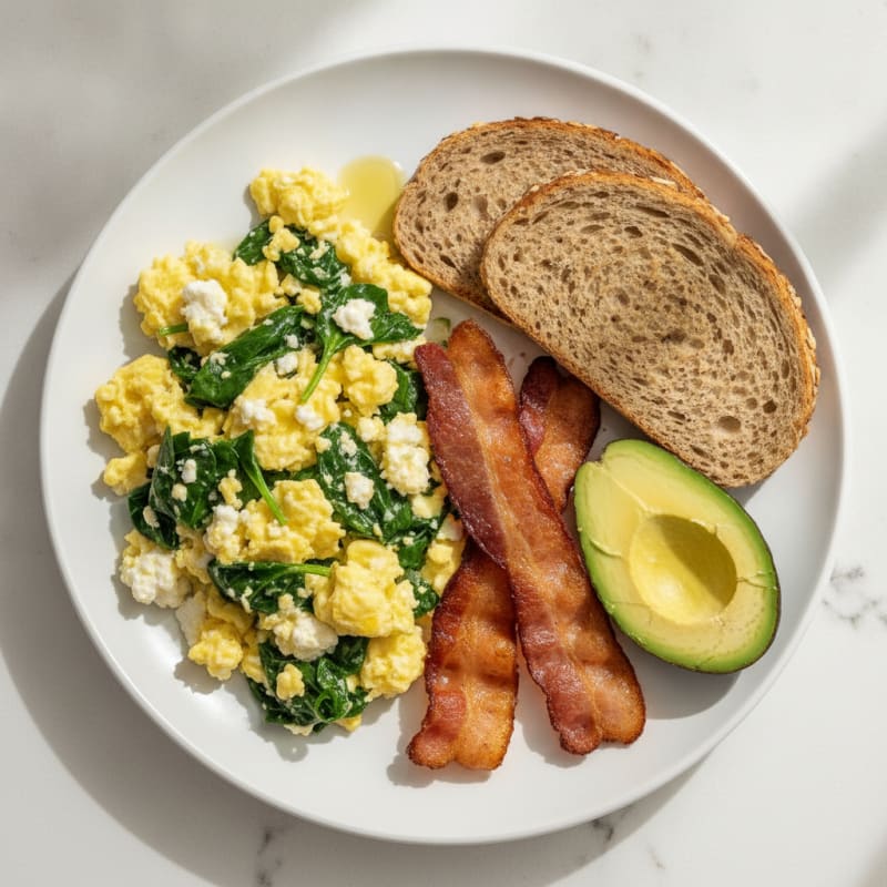 Cottage Cheese Egg Scramble with Spinach and Turkey Bacon