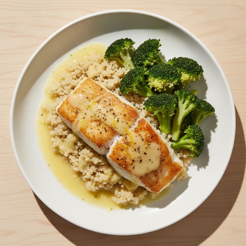Seared Cod Fillet with Steamed Broccoli and Quinoa