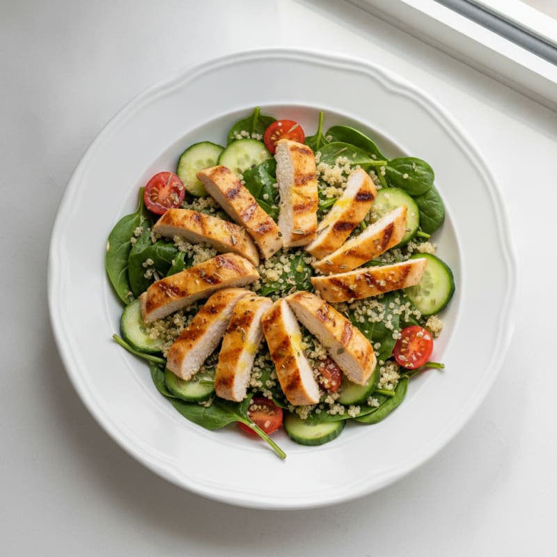 Grilled Lemon Herb Chicken Salad with Quinoa and Fresh Spinach
