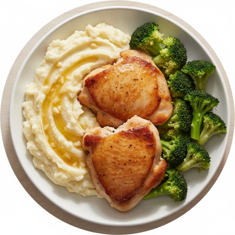 Seared Chicken Thighs with Creamy Garlic Mashed Potatoes and Steamed Broccoli