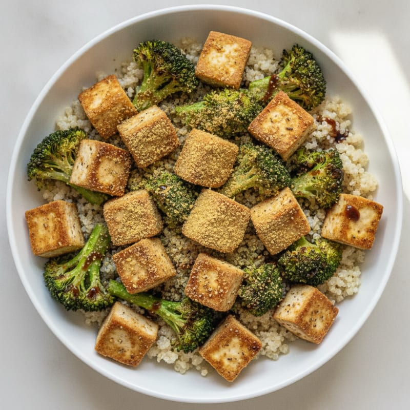 Crispy Tofu and Quinoa Power Bowl with Roasted Broccoli