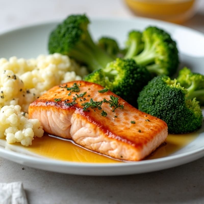 Seared Salmon with Steamed Broccoli and Garlic Mashed Cauliflower