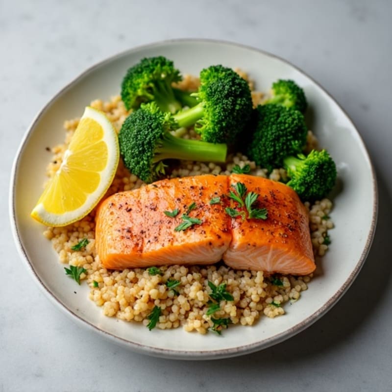 Seared Salmon with Steamed Broccoli and Garlic Quinoa