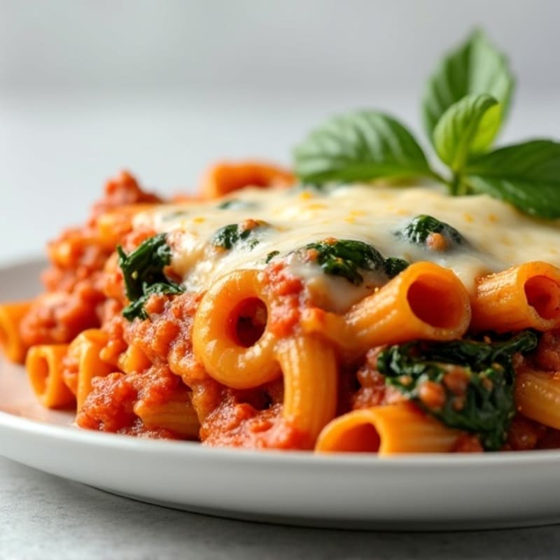 Cheesy Lean Ground Turkey Baked Ziti with Spinach
