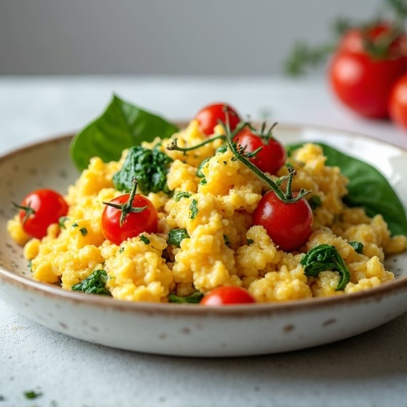Cottage Cheese Egg Scramble with Spinach and Cherry Tomatoes