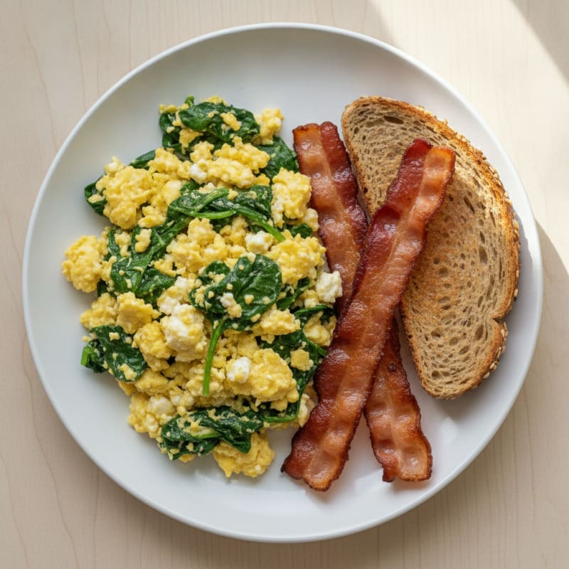Cottage Cheese Scramble with Spinach and Turkey Bacon