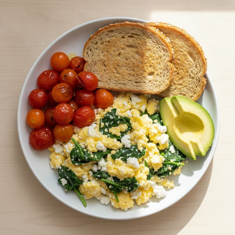 Cottage Cheese Egg Scramble with Spinach and Cherry Tomatoes