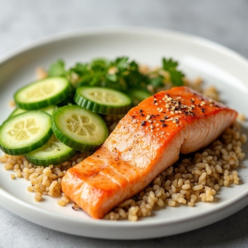 Flaky Salmon with Sesame Brown Rice and Fresh Cucumber-Avocado Salad