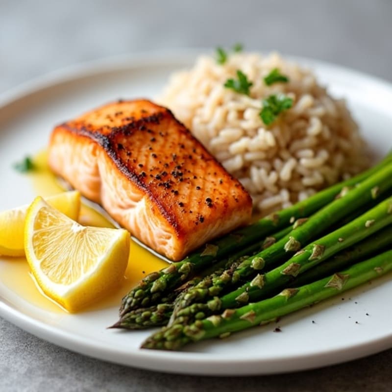 Seared Salmon with Steamed Asparagus and Brown Rice