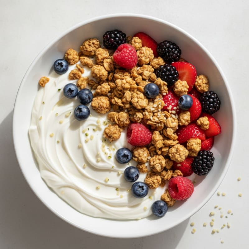 Silky Greek Yogurt Bowl with Protein Granola and Mixed Berries