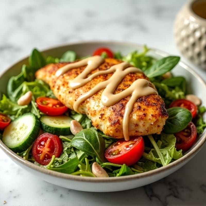 Crispy Lemon-Garlic Spiced Chicken with Fresh Chopped Salad and Creamy Tahini Dressing