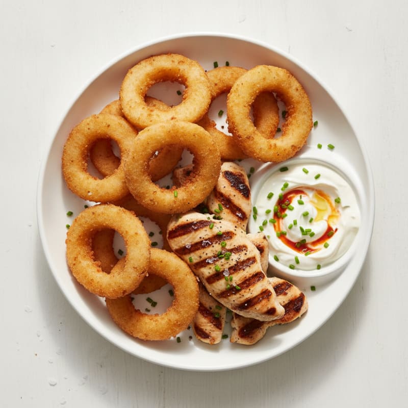 Beer-Battered Onion Rings with Grilled Chicken and Zesty Dip