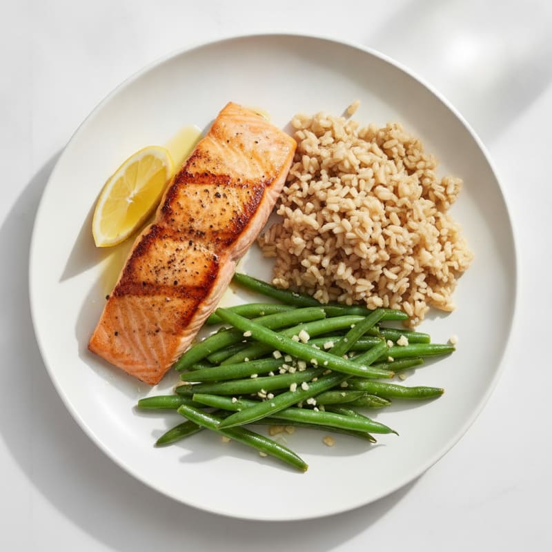Seared Salmon Fillet with Garlic Green Beans and Brown Rice