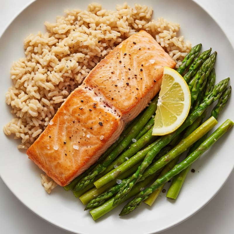 Seared Salmon with Steamed Asparagus and Brown Rice