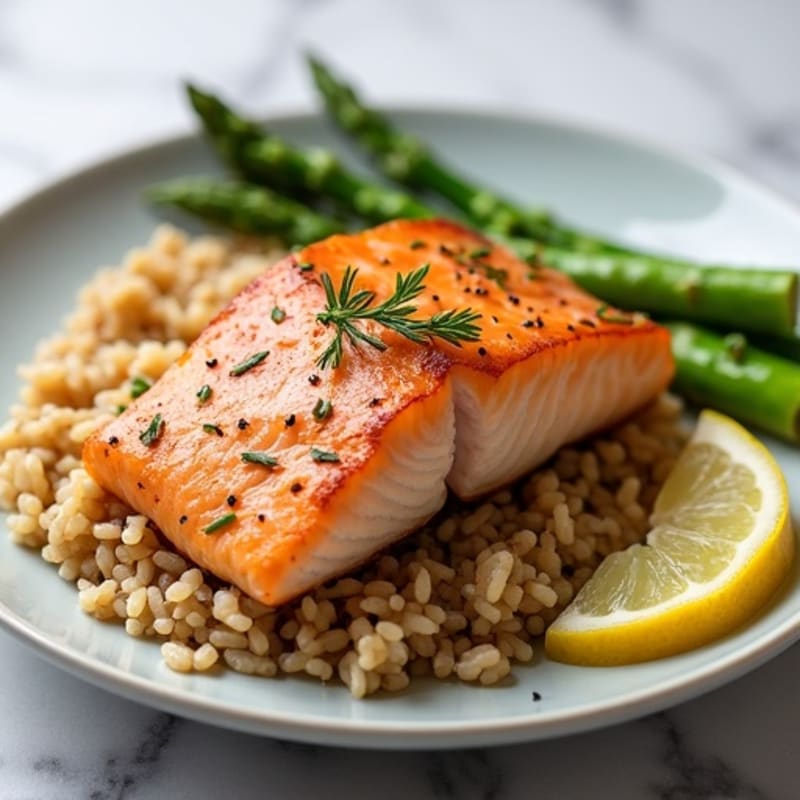 Seared Salmon Fillet with Steamed Asparagus and Brown Rice