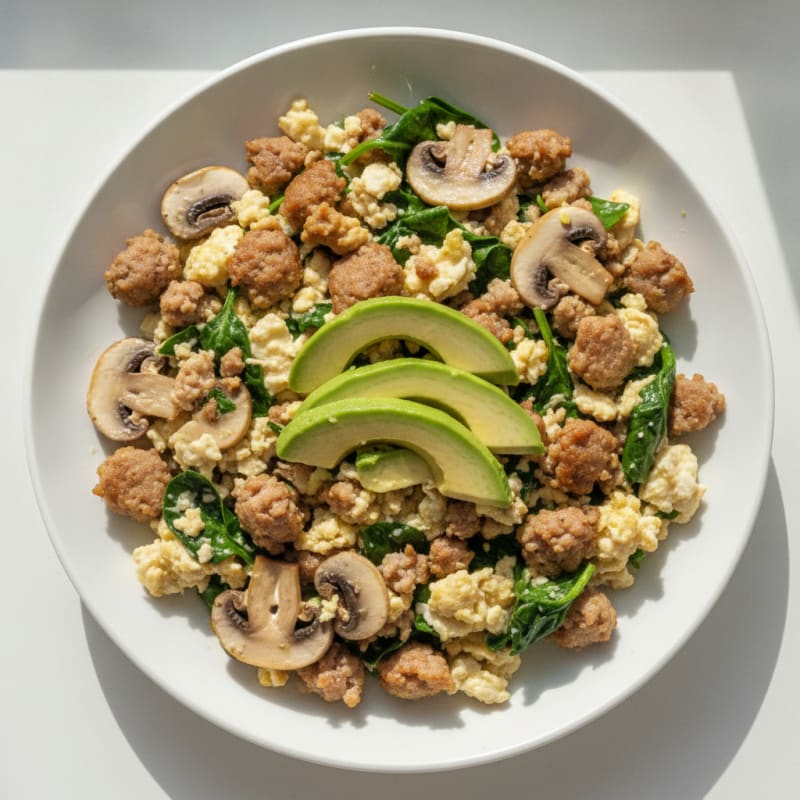 Egg White Spinach Scramble with Turkey Sausage and Sautéed Mushrooms