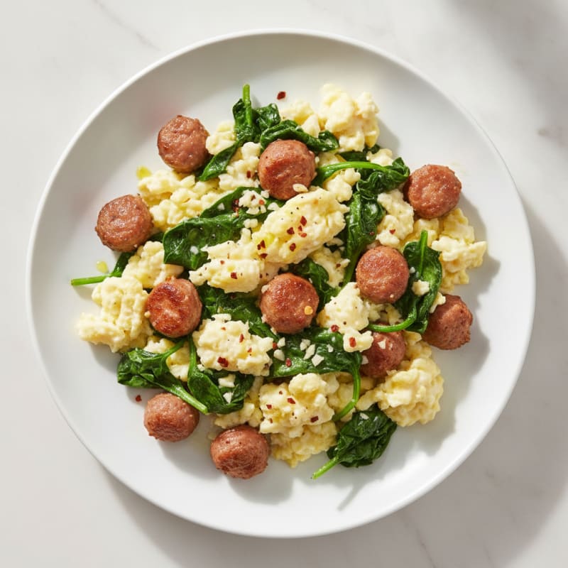 Egg White Scramble with Turkey Sausage and Sautéed Spinach