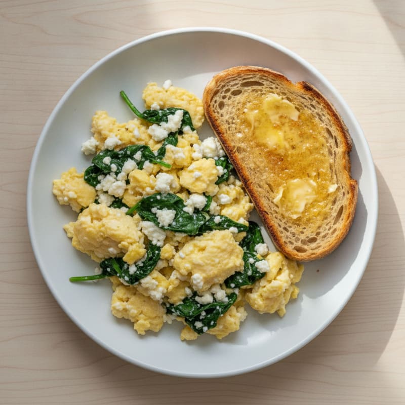 Scrambled Eggs with Cottage Cheese and Sautéed Spinach