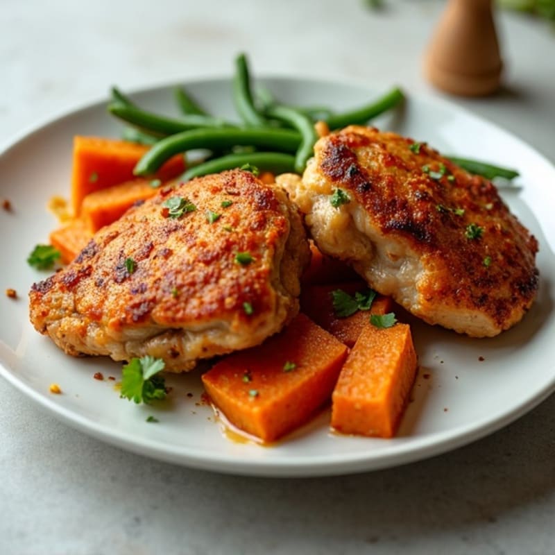 Crispy Baked Chicken Thighs with Roasted Sweet Potatoes and Green Beans