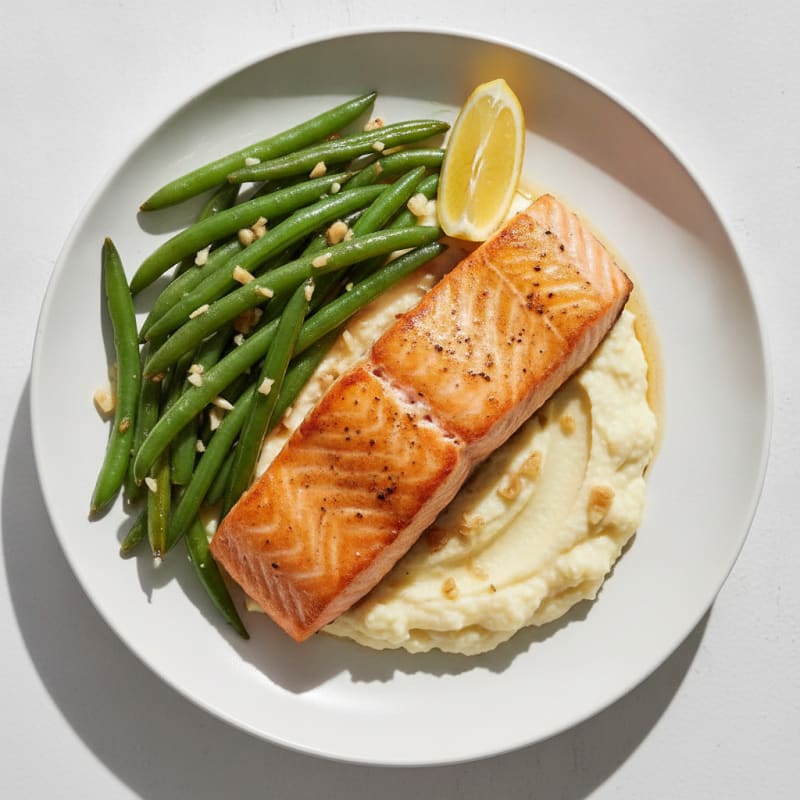 Seared Salmon with Garlic Green Beans and Cauliflower Mash