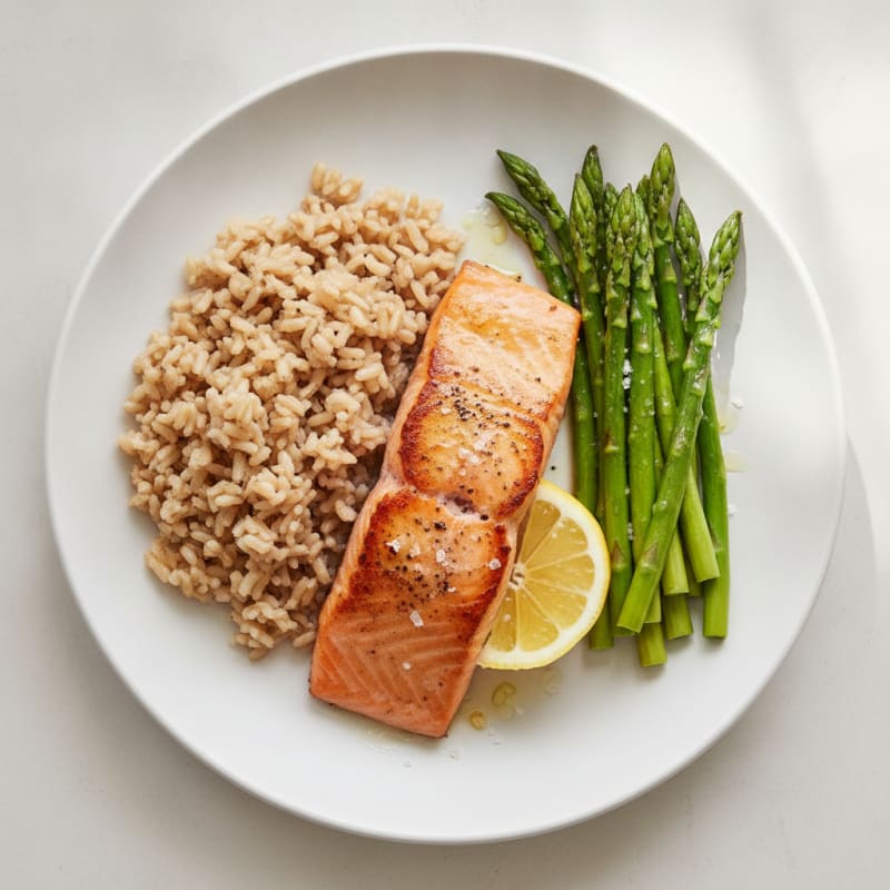Seared Salmon with Steamed Asparagus and Brown Rice